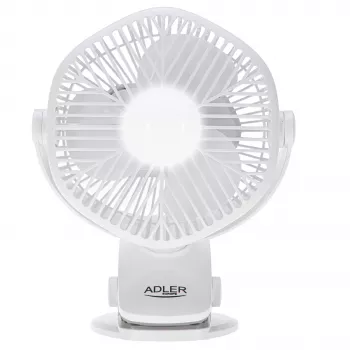 Adler AD 7335 laetav klambriga lauaventilaator, 6W, 12,7 cm, 3 kiirust, pöörlemine, valge