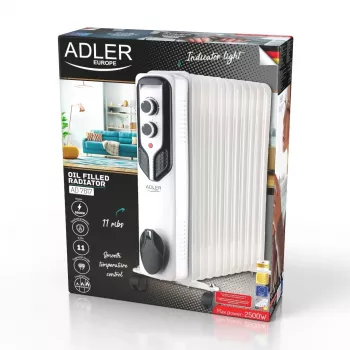 Adler AD 7817 õliküte, 11 sektsiooni, 2500W, 3 kütteastet, reguleeritav termostaat, ülekuumenemis- ja ümberkukkumiskaitse, rataste ja käepidemega, must