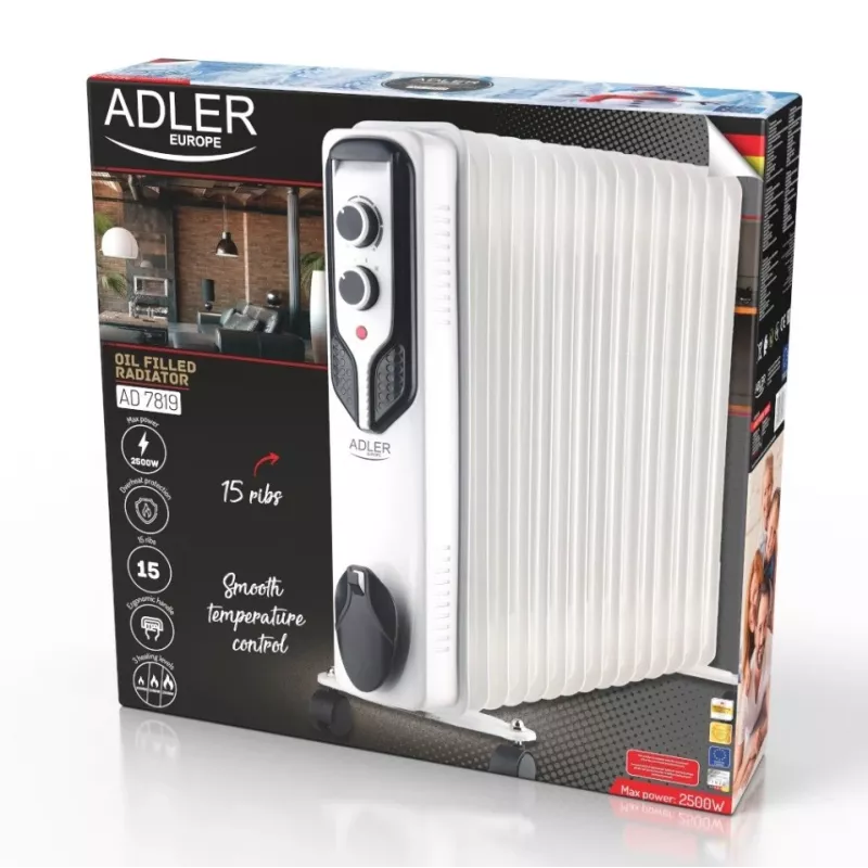Adler AD 7819 Õlikütteradiaator, 2000W, 9 sektsiooni, 3 kütteastet, reguleeritav termostaat, ülekuumenemiskaitse, sisseehitatud rattad, valge/hall
