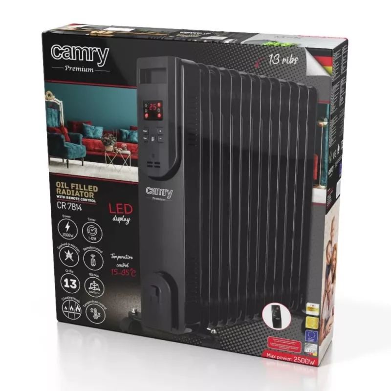 Adler Camry CR 7814 Õliga täidetud radiaator kaugjuhtimispuldiga, 2500 W, 3 kütteastet, 11 ribi, digitaalne termostaat, 24-tunnine taimer, LED-ekraan, ülekuumenemis- ja ümberkukkumiskaitse, must
