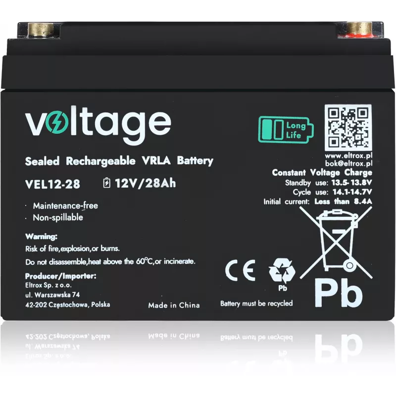 AGM Battery Voltage Long Life 12V 28Ah VEL12-28 (15 years lifespan)