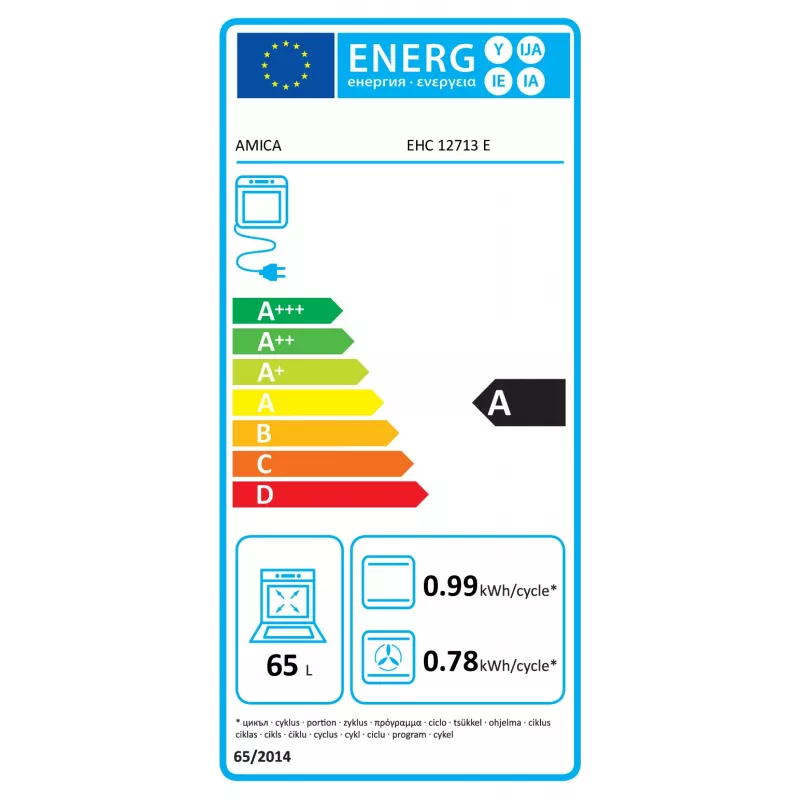 Amica EHC12713E Sisseehitatud ahi koos keraamilise pliidiga, 65 liitrit, 8 funktsiooni, energiaklass A, roostevaba teras