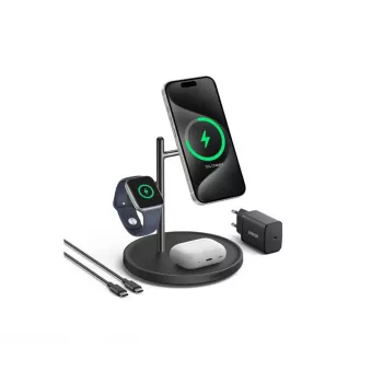 Anker MagGo B25M3312 kolm-ühes Qi2 laadimisjaam, 15 W telefonile, must