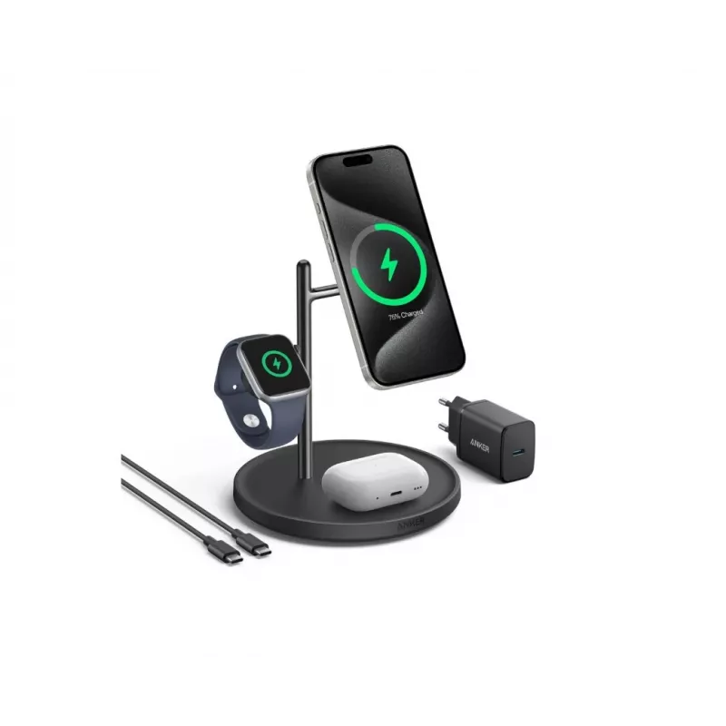 Anker MagGo B25M3312 kolm-ühes Qi2 laadimisjaam, 15 W telefonile, must