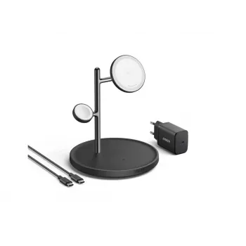 Anker MagGo B25M3312 kolm-ühes Qi2 laadimisjaam, 15 W telefonile, must