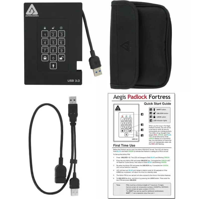 Apricorn Aegis Padlock Fortress A25-3PL256-500F välkmälu - 500GB - USB 3.2 Gen 1 - AES 256-bit riistvaraline krüpteerimine - must