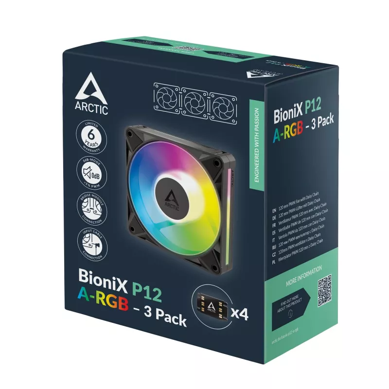 Arctic BioniX P12 A-RGB 120mm PWM Case Fan (3-Pack) – Addressable RGB, 450-3000 RPM, 129 m³/h, Must