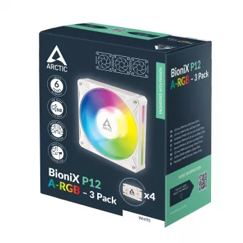Arctic BioniX P12 A-RGB White 3-Pack – 120mm PWM korpusiventilaator adresseeritava RGB ja jadaühendusega, 450-3000 RPM