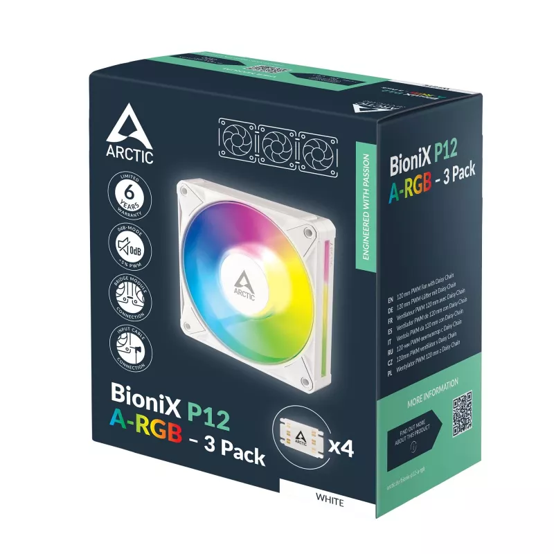 Arctic BioniX P12 A-RGB White 3-Pack – 120mm PWM korpusiventilaator adresseeritava RGB ja jadaühendusega, 450-3000 RPM
