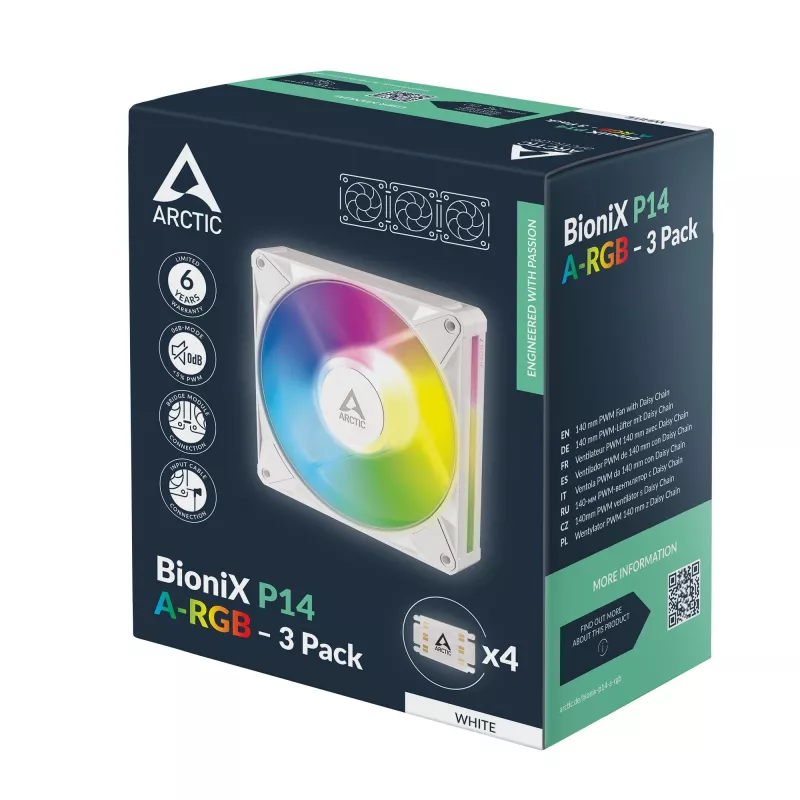 Arctic BioniX P14 A-RGB (Valge) 3-Pack | 140 mm PWM Korpusventilaator A-RGB valgustusega, 400–2500 RPM