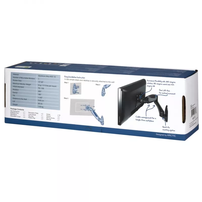 Arctic W1-3D LCD-ekraani kinnitus - Alumiiniumsulam - Ekraani suurus kuni 109.2 / 124 cm