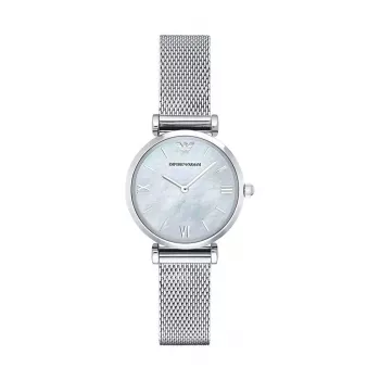 Armani AR1955 Naiste Kvartskell 32mm Roostevabast Terasest Korpuse Valge Siibriga Pruun Nahkrihm