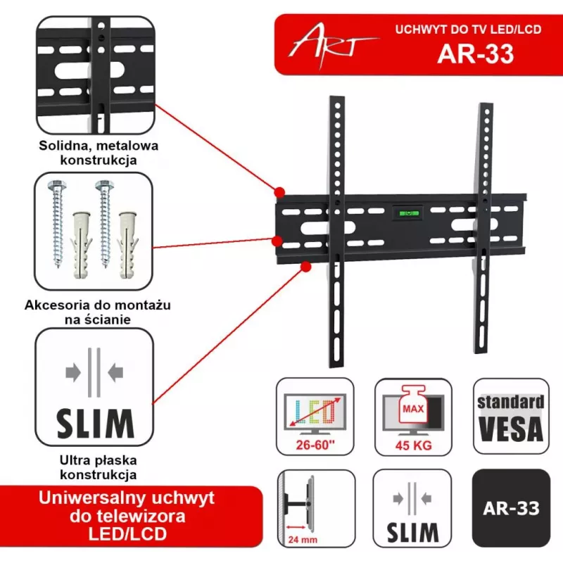 ART AR-33 Fikseeritud seinakinnitus 26-60 tolli LCD/LED-teleritele, 45 kg, VESA 400x400, õhuke 24 mm profiil, must