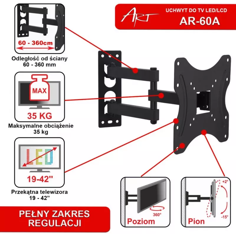 ART AR-60A Full Motion TV seinakinnitus 19-42 tolli LED/LCD ekraanidele, 35 kg, must