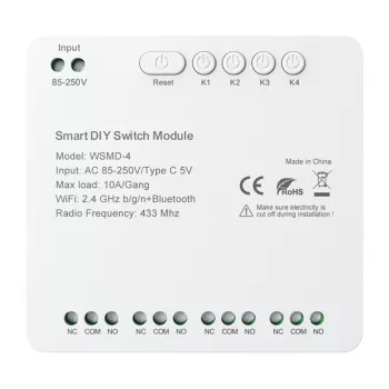 AVATTO WSMD-4 250V nutikas lülitimoodul 1-kanaliga, nulljuhet pole vaja, WiFi 2.4GHz, Tuya Smart, Alexa ja Google Home ühilduv, 10A/2200W