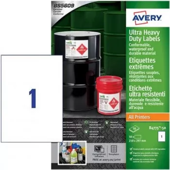 Avery Zweckform B4775-50 A4 valged polüetüleenkile etiketid, püsiv liim, laser/koopiamasin, 50 etiketti, 210 x 297 mm