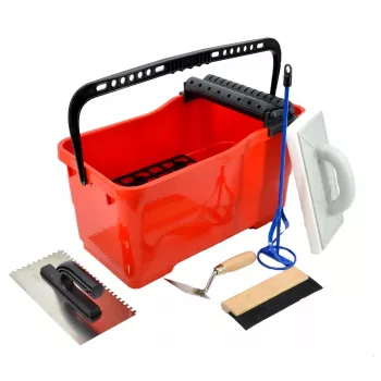 AWTOOLS Professionaalne Plaatimiskomplekt Ämbriga – 5-osaline Plaatide Paigaldamise Komplekt (24L Ämber, Svamm, Hammaslabidas, Põlvekaitsed, Kindad)