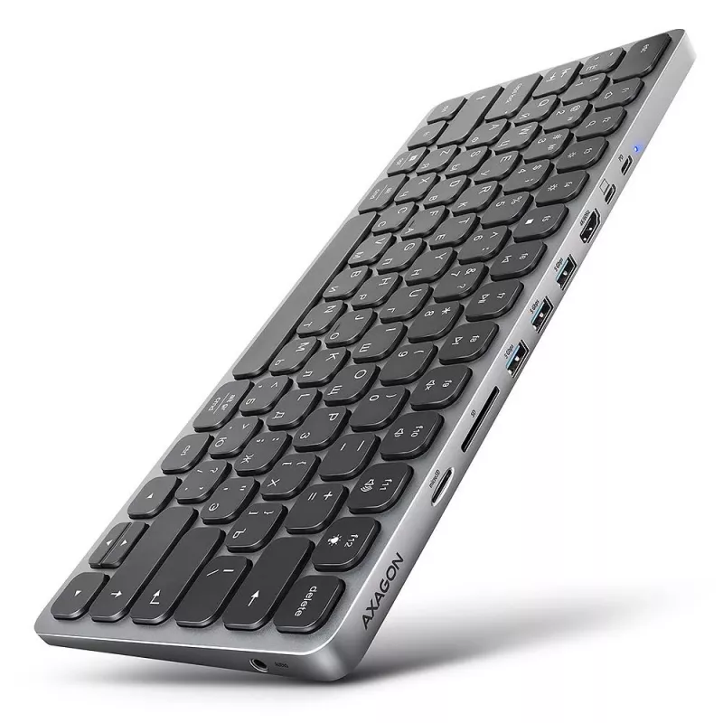 AXAGON HMC-KB-CRL USB-C klaviatuur 9-in-1 jaoturiga, HDMI 4K, PD 100W, Gigabit Ethernet, kaardilugeja, must