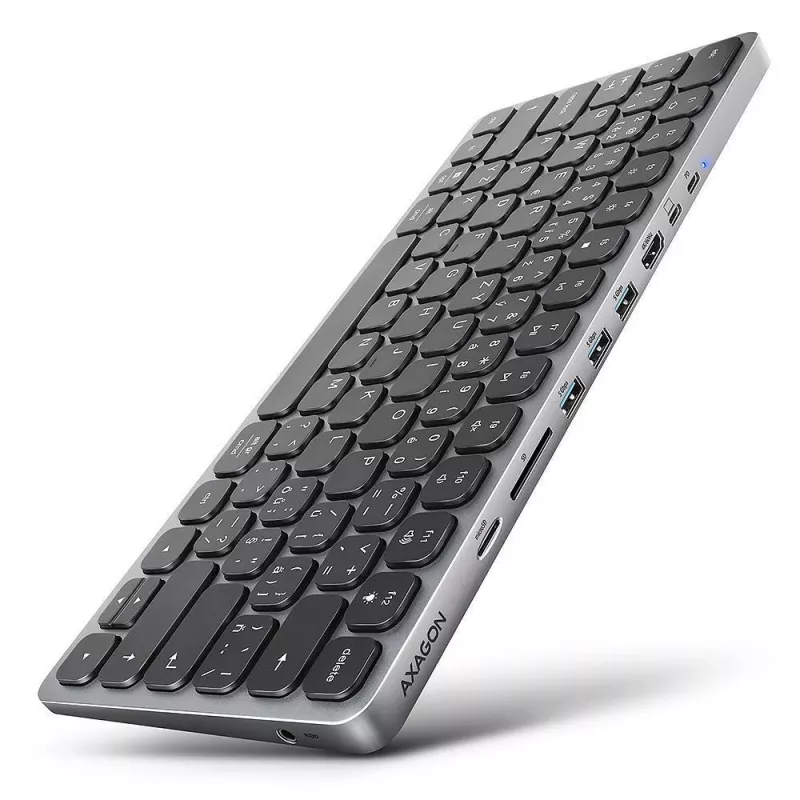 AXAGON HMC-KB-US USB-C klaviatuur 9-in-1 jaoturiga, US QWERTY, 4K HDMI, Gigabit LAN, kaardilugeja, 0,6 m