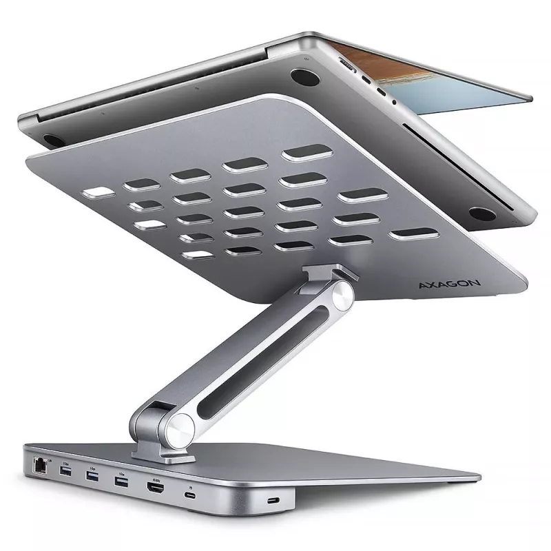AXAGON HMC-STND sülearvuti alus 10-16 tolli jaoks 7-in-1 USB-C jaoturiga, 4K HDMI, 100W PD, Gigabit Ethernet, SD-kaardilugeja – hõbedane