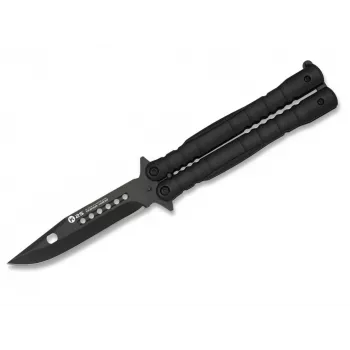 Balisong libliknuga K25 02131 must 440 roostevaba teras klambriga tera alumiiniumist käepide
