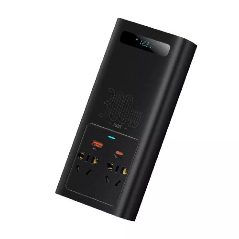 Baseus Car Power Inverter IGBT 300W/220V kahe EU-pistikupesa, USB-C PD, USB-A QC, aku klambri ja sigaretisüütaja kaablitega, must (CGNB010101)