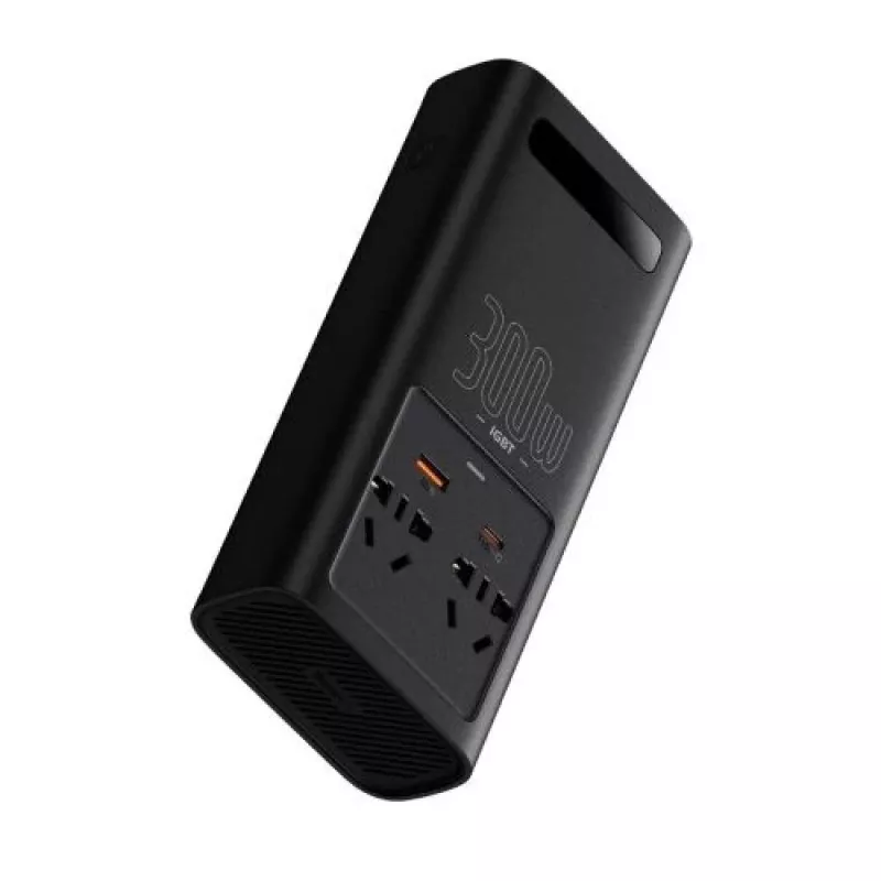 Baseus Car Power Inverter IGBT 300W/220V kahe EU-pistikupesa, USB-C PD, USB-A QC, aku klambri ja sigaretisüütaja kaablitega, must (CGNB010101)