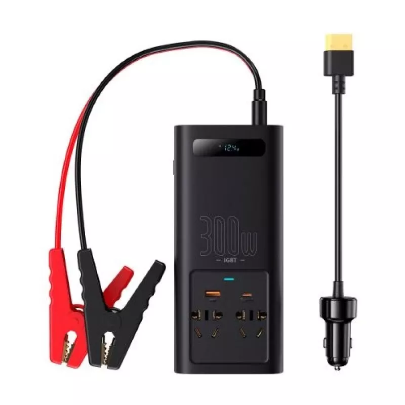Baseus Car Power Inverter IGBT 300W/220V kahe EU-pistikupesa, USB-C PD, USB-A QC, aku klambri ja sigaretisüütaja kaablitega, must (CGNB010101)