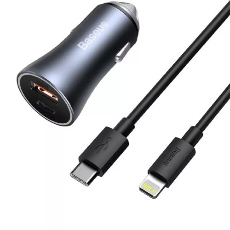 Baseus Golden Contactor Pro Dual Quick Car Charger 40W USB-C + USB-A PD 3.0 QC 4+ SCP FCP AFC koos Type-C to Lightning kaabliga 1m Must Tumehall