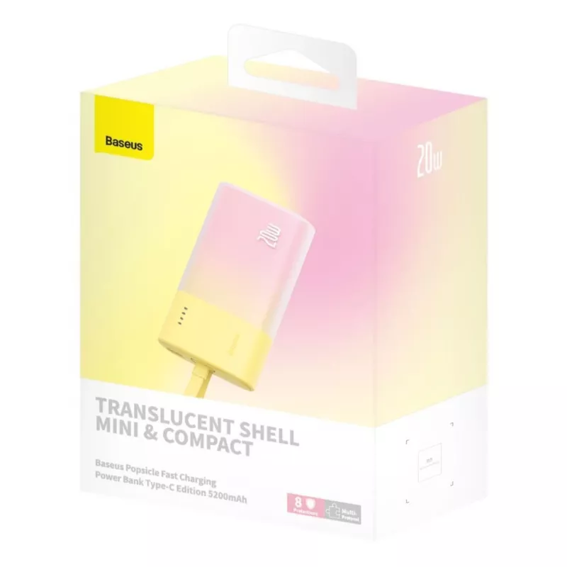 Baseus Popsicle 5200mAh 20W Power Bank koos sisseehitatud Lightning-kaabliga ja valge Baseus Simple USB-C–USB-C 60W 30cm kaabliga – kollane-roosa