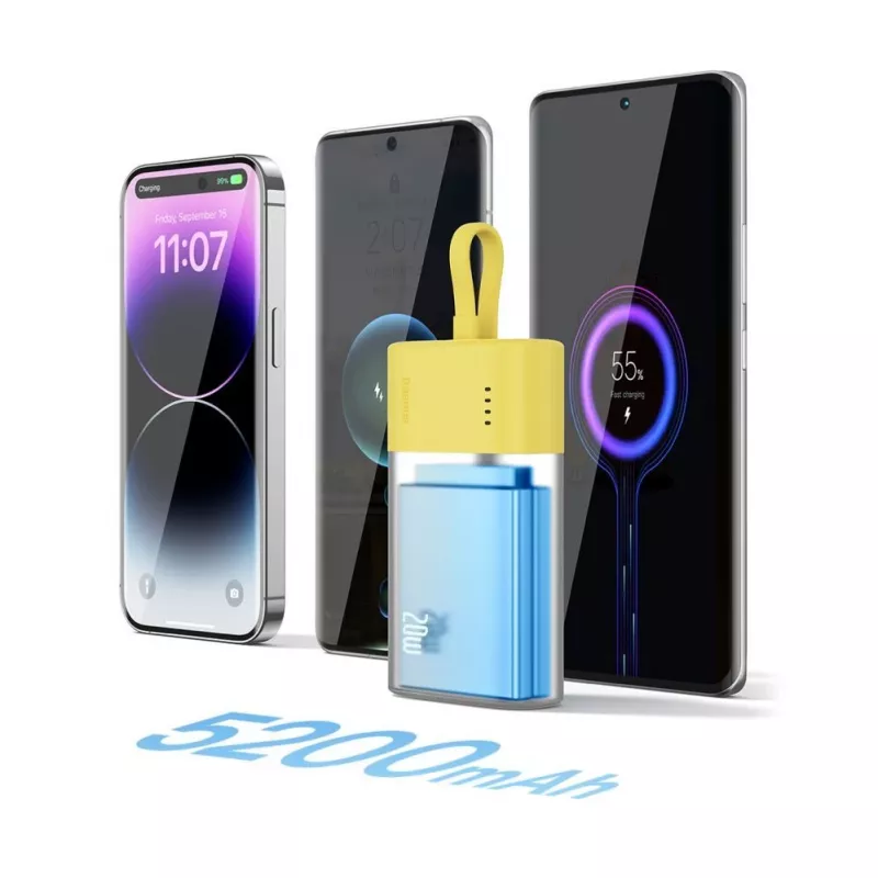 Baseus Popsicle 5200mAh 20W Power Bank koos sisseehitatud Lightning-kaabliga ja valge Baseus Simple USB-C–USB-C 60W 30cm kaabliga – kollane-roosa
