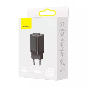 Baseus Super Si Pro Mini Fast Charger 30W, USB-C + USB-A, PD 3.0, QC 3.0, EU Plug, Black (CCSUPP-E01)