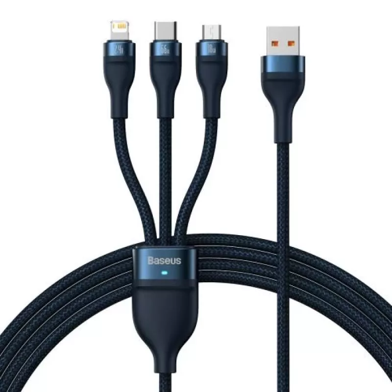 Baseus Universal Cable Flash Series II 3-in-1 Fast Charging Data Cable (USB-A to Micro + Lightning + Type-C) 66W, 480mbps, 1,2m, Blue (CASS040003)