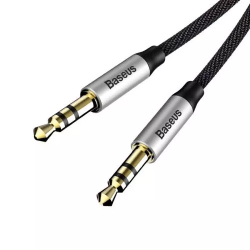 Baseus Yiven M30 3.5mm helikaabel (isane-isasele) – 1m, nailonpunutud, kullatud, Must/Hõbedane