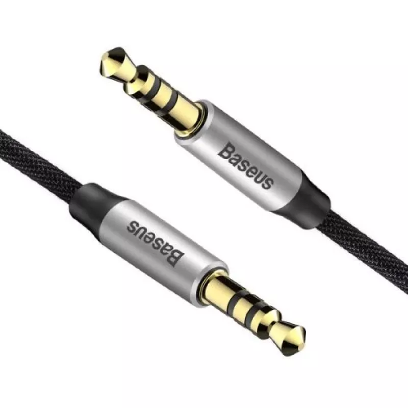 Baseus Yiven M30 3.5mm helikaabel (isane-isasele) – 1m, nailonpunutud, kullatud, Must/Hõbedane