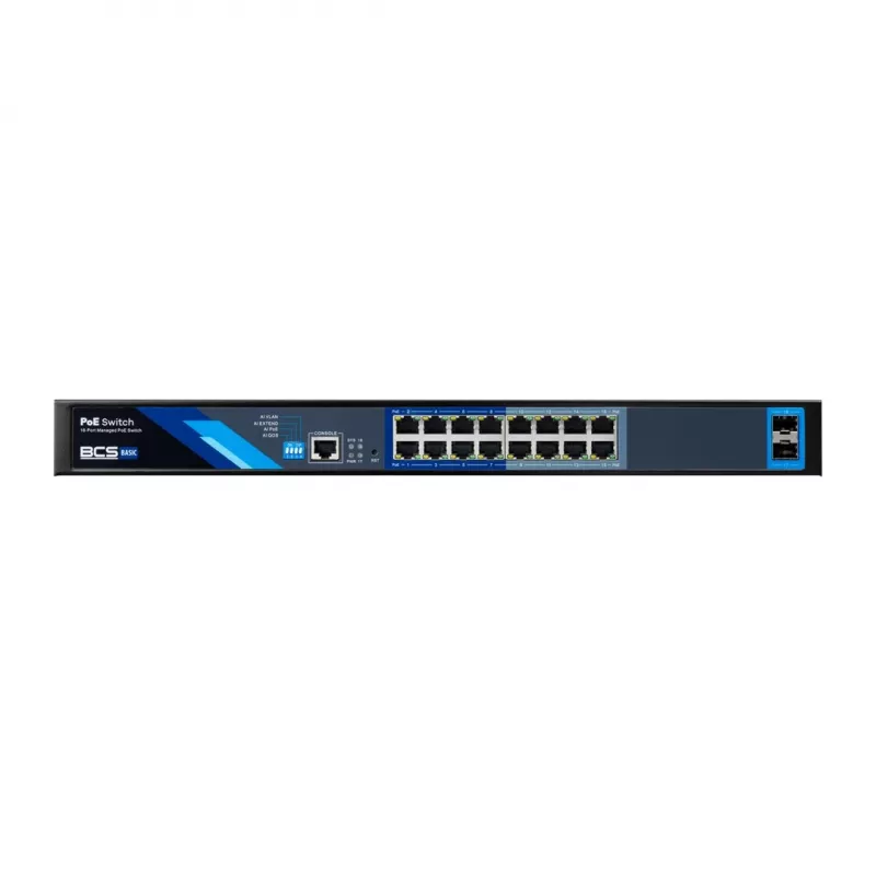 BCS B-SP16G-2SFP-M tööstuslik haldamata 16-pordine Gigabit PoE+ lüliti 2 SFP pesaga, 240W PoE eelarve, DIN-liistule kinnitatav
