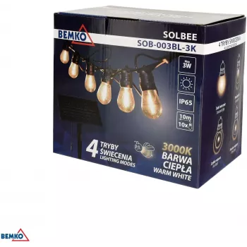 BEMKO SOLBEE päikeseenergial töötav LED-aiavalgustite komplekt 10 LED-i 10m soe valge 3000K IP65 must