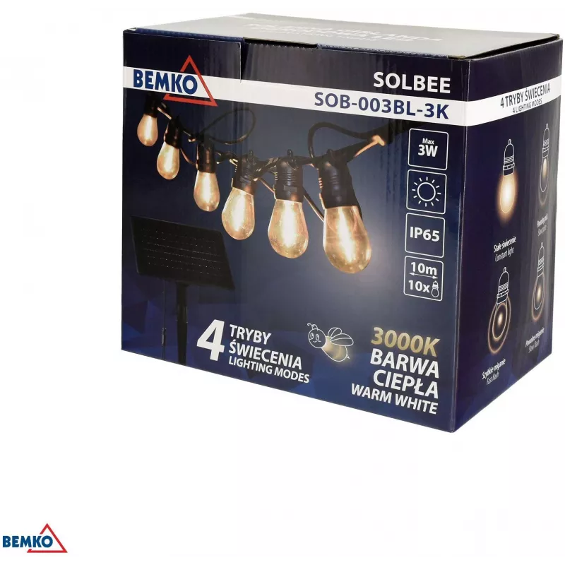 BEMKO SOLBEE päikeseenergial töötav LED-aiavalgustite komplekt 10 LED-i 10m soe valge 3000K IP65 must
