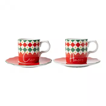 Bialetti Tricolore Espresso Cup and Saucer Set (2 Cups, 2 Saucers)