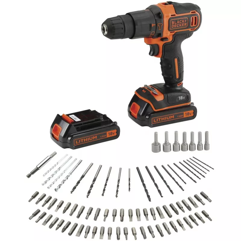 BLACK+DECKER 18V Juhtmeta Haamertrell Kruvikeeraja BDCHD18BAFC, Must/Oranž, 2x 1,5Ah Li-Ion Akud, 80-osaline Tarvikukomplekt, Karp