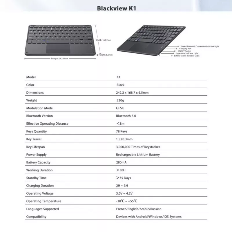 Blackview K1 Bluetooth-klaviatuur juhtmevaba üliõhuke 10 inch – 280mAh aku, Bluetooth 3.0, ühilduv Windows / Android / iOS, must-hall