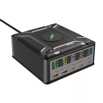 BlitzWolf BW-S28 260W GaN USB-C laadimisjaam, 2xUSB-A, 3xUSB-C, 15W juhtmevaba laadija, must
