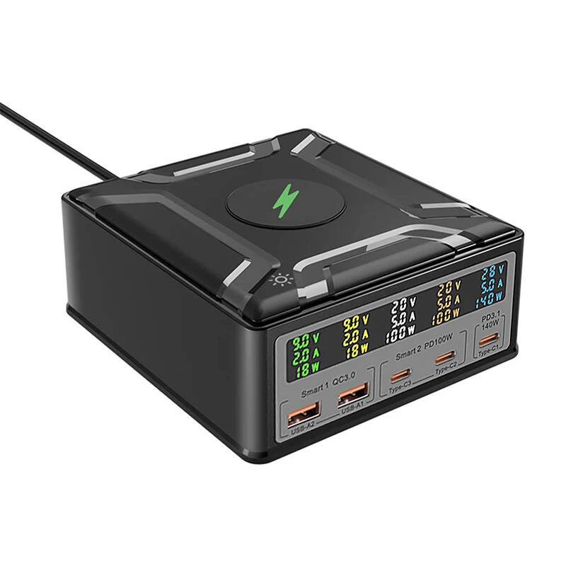 BlitzWolf BW-S28 260W GaN USB-C laadimisjaam, 2xUSB-A, 3xUSB-C, 15W juhtmevaba laadija, must
