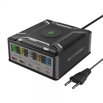BlitzWolf BW-S28 260W GaN USB-C laadimisjaam, 2xUSB-A, 3xUSB-C, 15W juhtmevaba laadija, must
