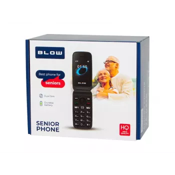 BLOW S24 Must klapptelefon eakatele SOS-nupuga, suurte klahvidega, Dual SIM, kaamera, FM-raadio, taskulamp, laadimishäll