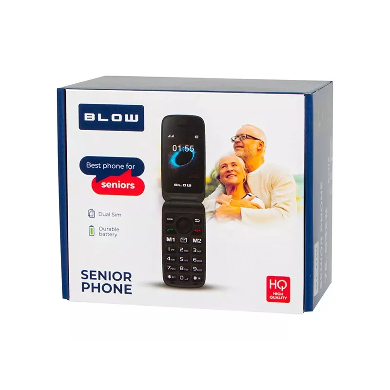 BLOW S24 Must klapptelefon eakatele SOS-nupuga, suurte klahvidega, Dual SIM, kaamera, FM-raadio, taskulamp, laadimishäll