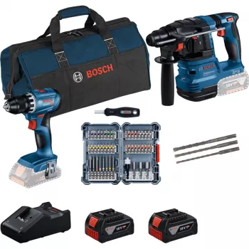 Bosch 18V Professional Set Löökpuur GBH 18V-22 + Puurkeeraja GSR 18V-45 - (sinine/must, 2x Li-Ion aku 4.0Ah, löökpuuritera ja otsikukomplekt, tööriistakott) (0615V0003D)