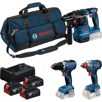BOSCH Power Tools 18V Professional Combo Kit: Rotary Hammer GBH 18V-22 + Drill Driver GSR 18V-65 + Impact Wrench GDX 18V-285 (Sinine/Must, 3x 5.0Ah Li-Ion akud, tööriistakott)