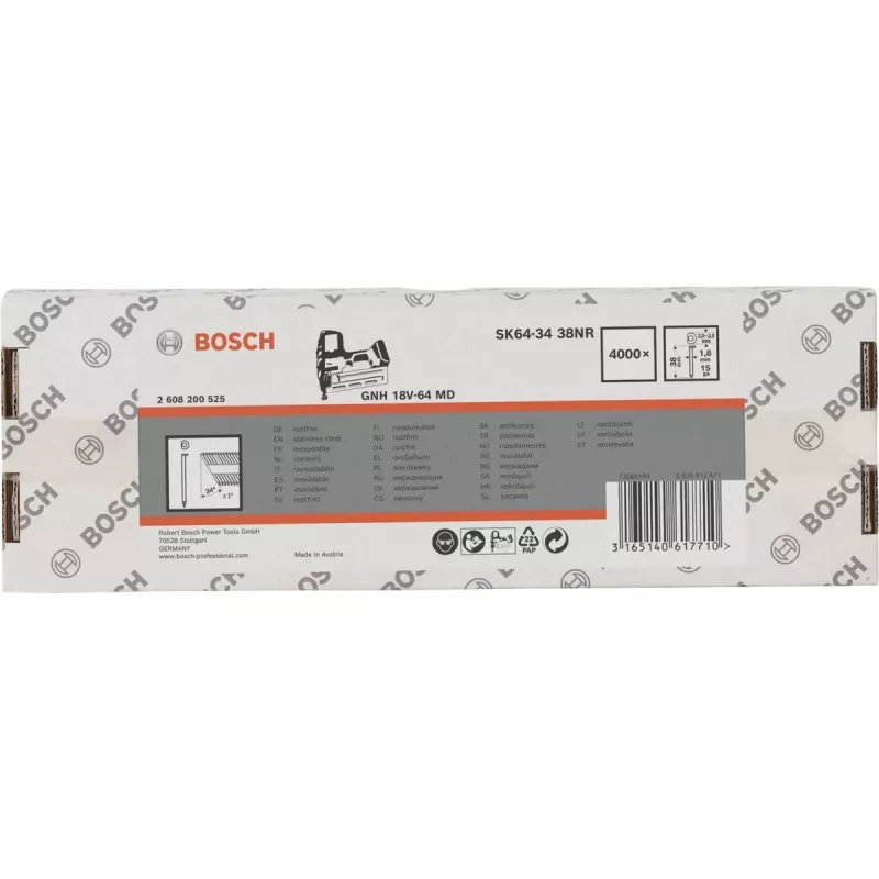BOSCH POWERTOOLS Süvistatud peaga viimistlusnaelad SK64-34 38NR, 34° / 1,8 mm / 15 ga (roostevaba teras, 4000 tk)