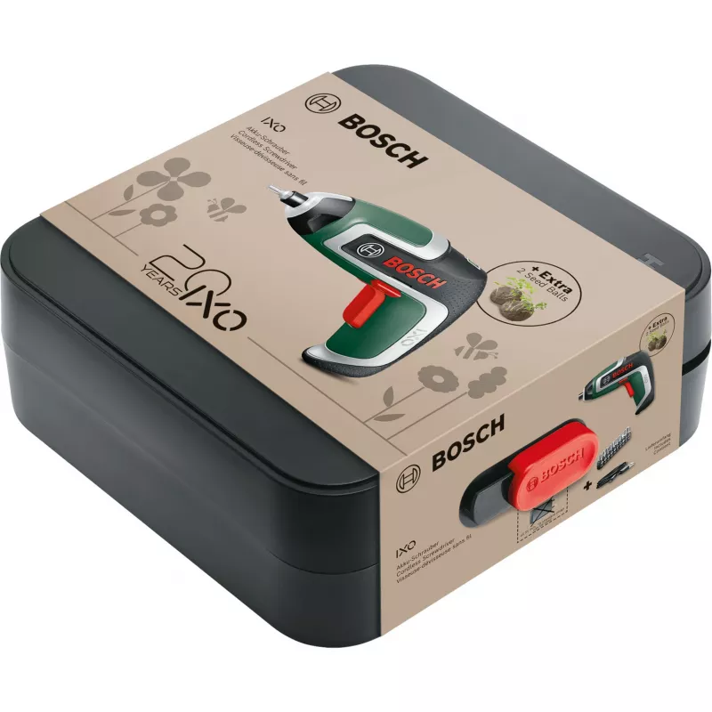 BOSCH Powertools IXO 7 Anniversary Set 3.6V juhtmeta kruvikeeraja (roheline/must, Li-Ion 2.0Ah, otsikukomplekt, seemnepallid, karp)